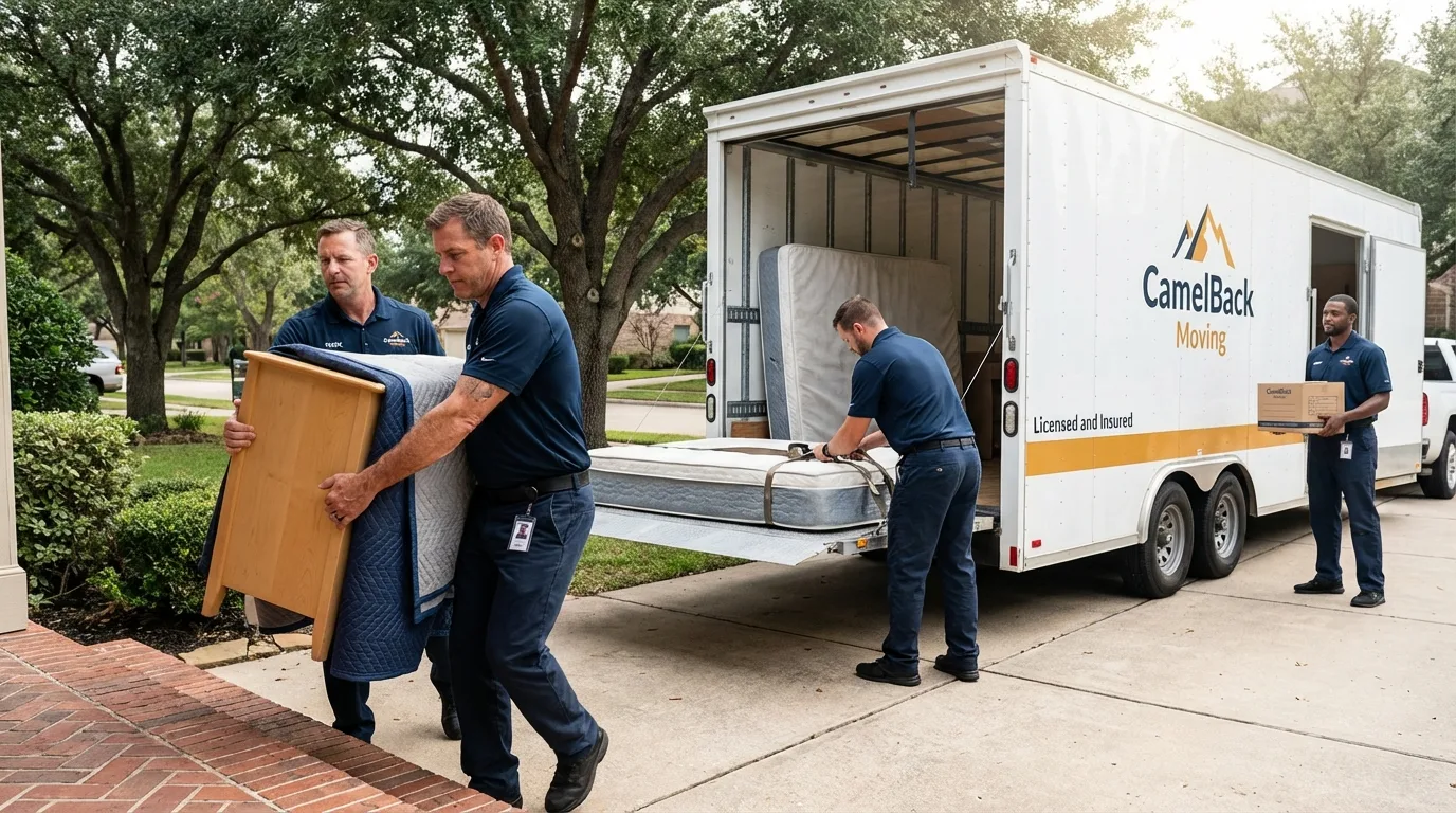 Crew loading residential truck for cross-state move from Pauls Valley, OK