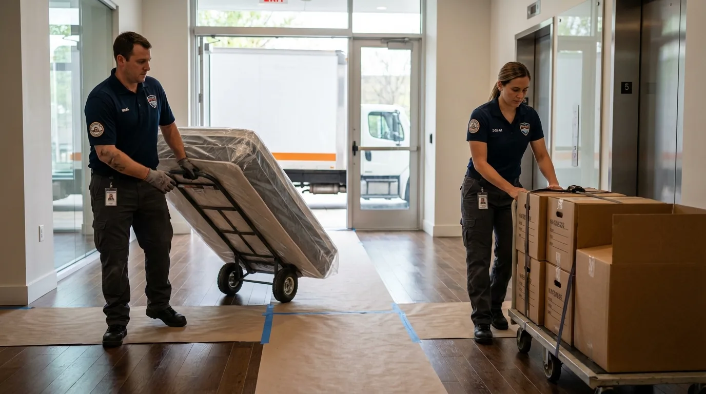 Professional apartment movers loading elevator in Pauls Valley, OK