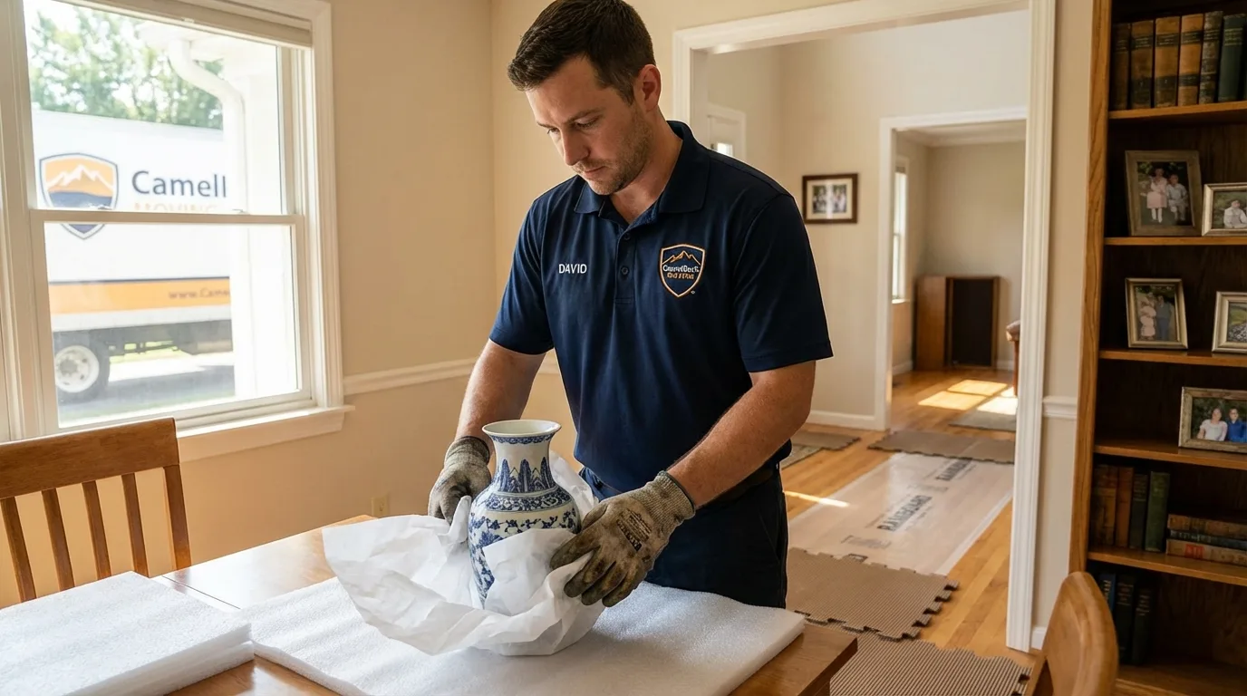 Professional crew carefully wrapping antique vase for senior downsizing move in Pauls Valley, OK